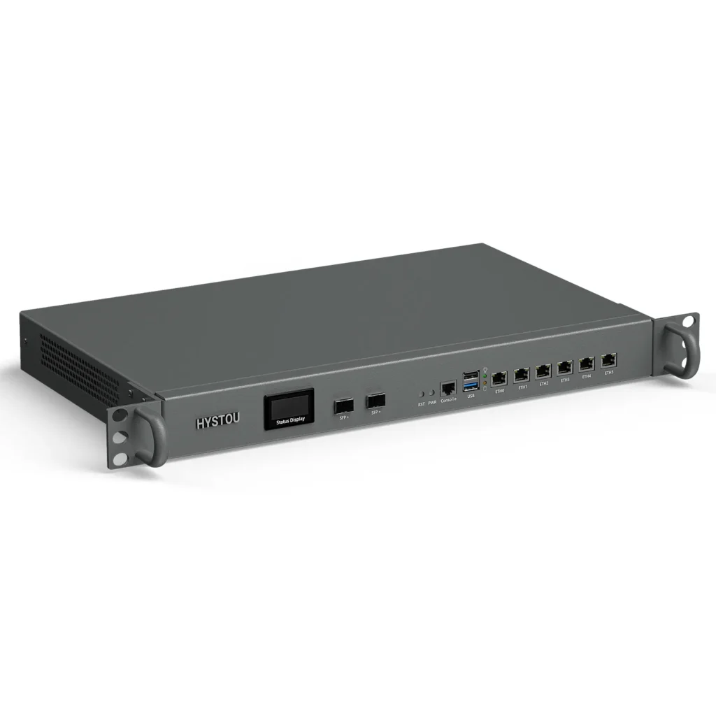 HYSTOU H1 1U rackmount firewall appliance front panel with status display, dual 10G SFP+ cages and six 2.5GbE RJ45 ports