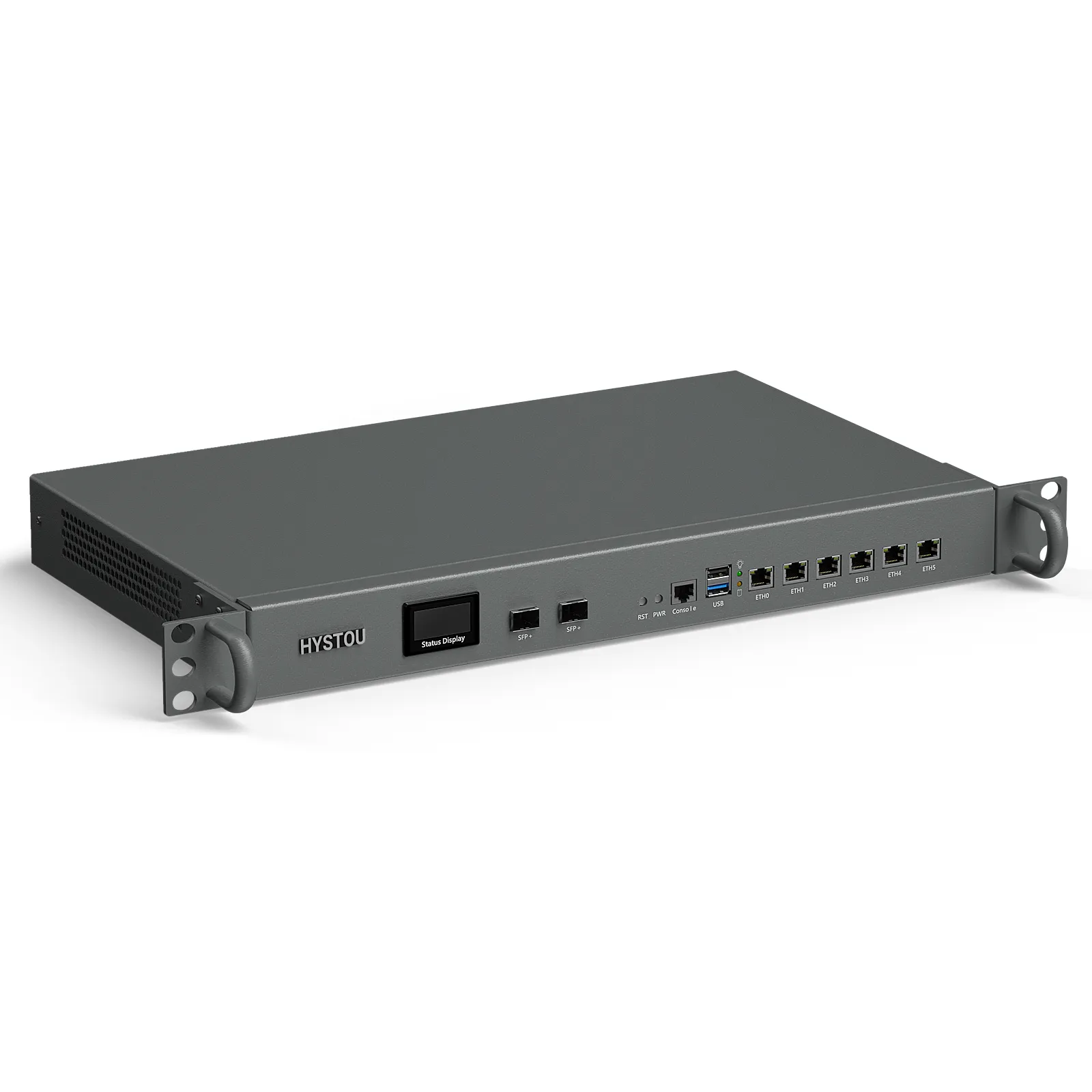 HYSTOU H1 1U rackmount firewall appliance front panel with status display, dual 10G SFP+ cages and six 2.5GbE RJ45 ports