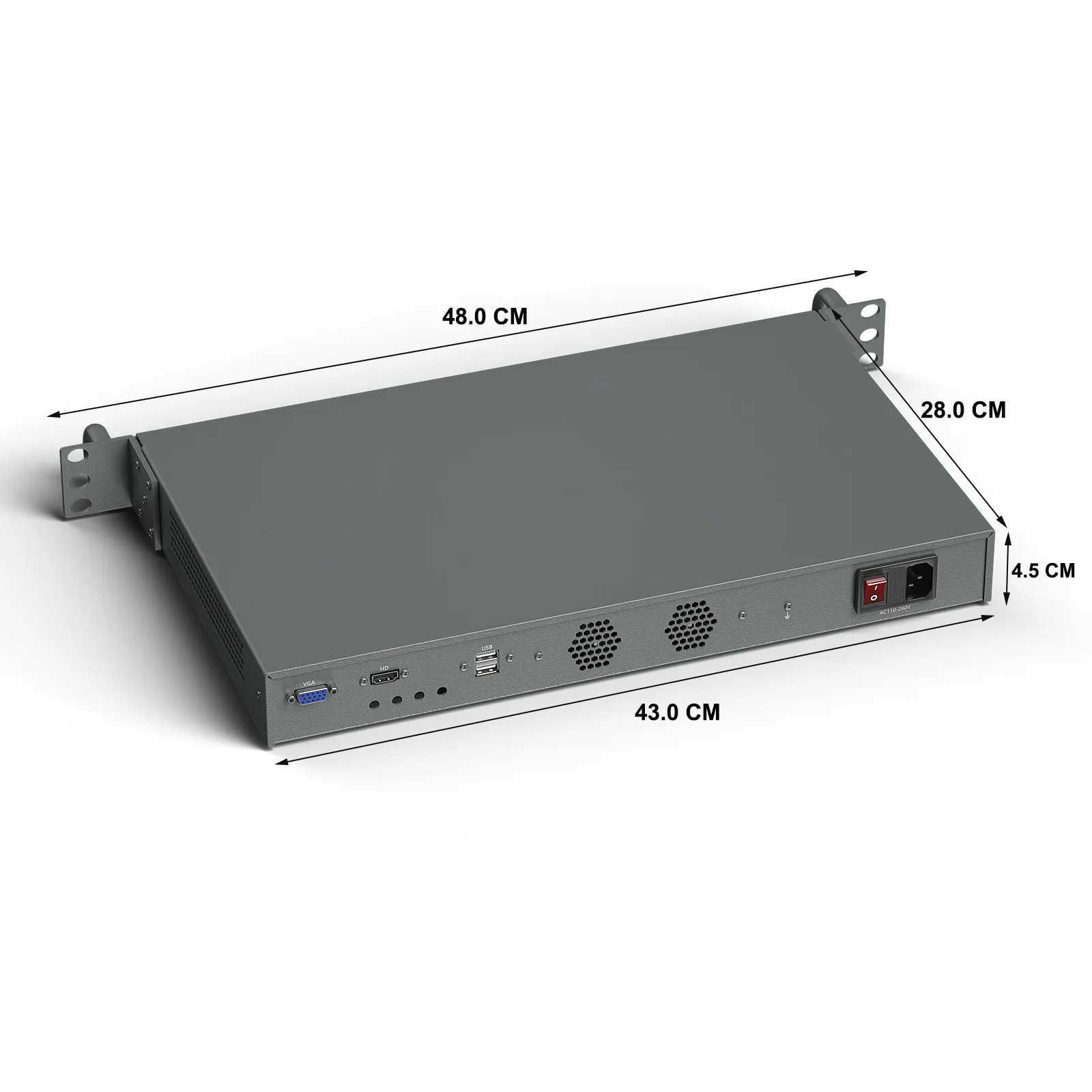 HYSTOU H1 dimensions: 430 × 280 × 44 mm chassis, 480 mm wide with rack ears, 1U height