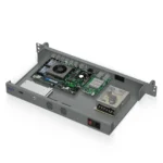 Internal layout of the HYSTOU H1 1U firewall appliance showing motherboard, CPU cooler, memory slot and 100W power supply