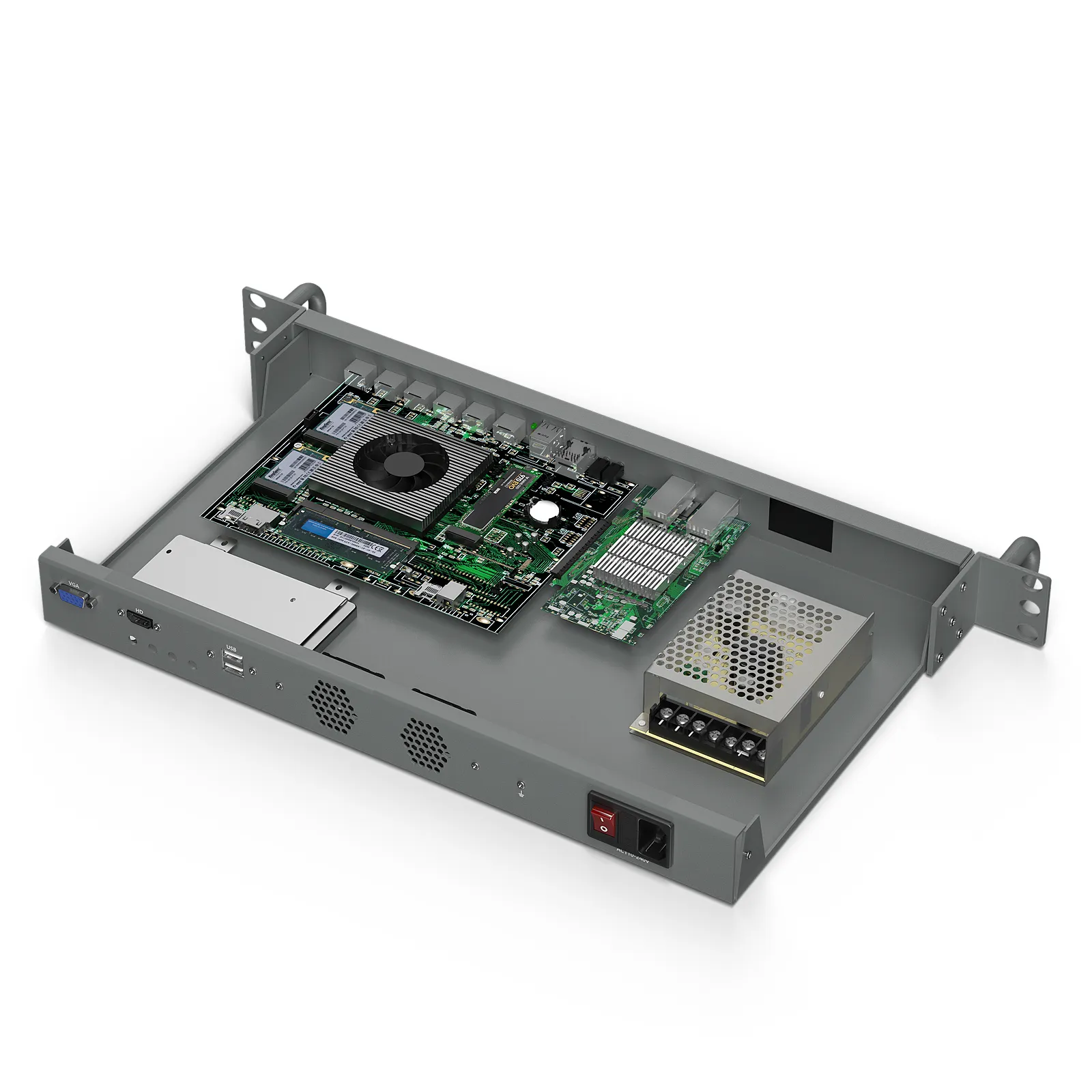 Internal layout of the HYSTOU H1 1U firewall appliance showing motherboard, CPU cooler, memory slot and 100W power supply