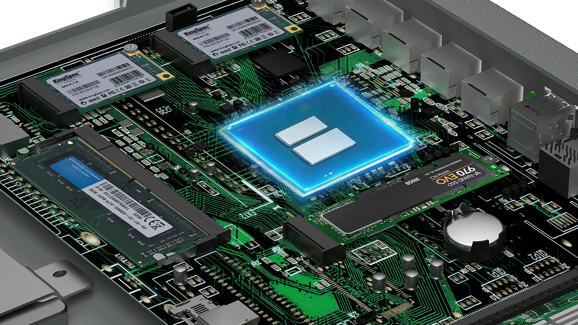 HYSTOU H1 motherboard close-up with Intel Core i5-1235U processor, DDR4 SO-DIMM memory, mSATA and M.2 NVMe SSD slots