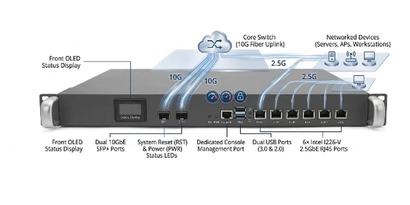 HYSTOU H1 deployment diagram: dual 10G SFP+ fiber uplinks to core switch, six 2.5GbE ports to servers, APs and workstations