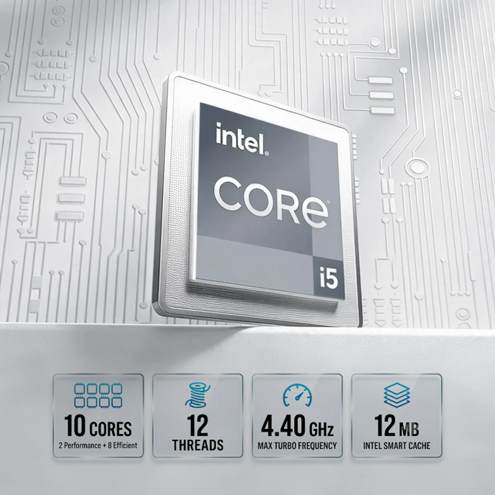 Intel Core i5-1235U: 10 cores (2 Performance + 8 Efficient), 12 threads, up to 4.40 GHz turbo, 12 MB Smart Cache