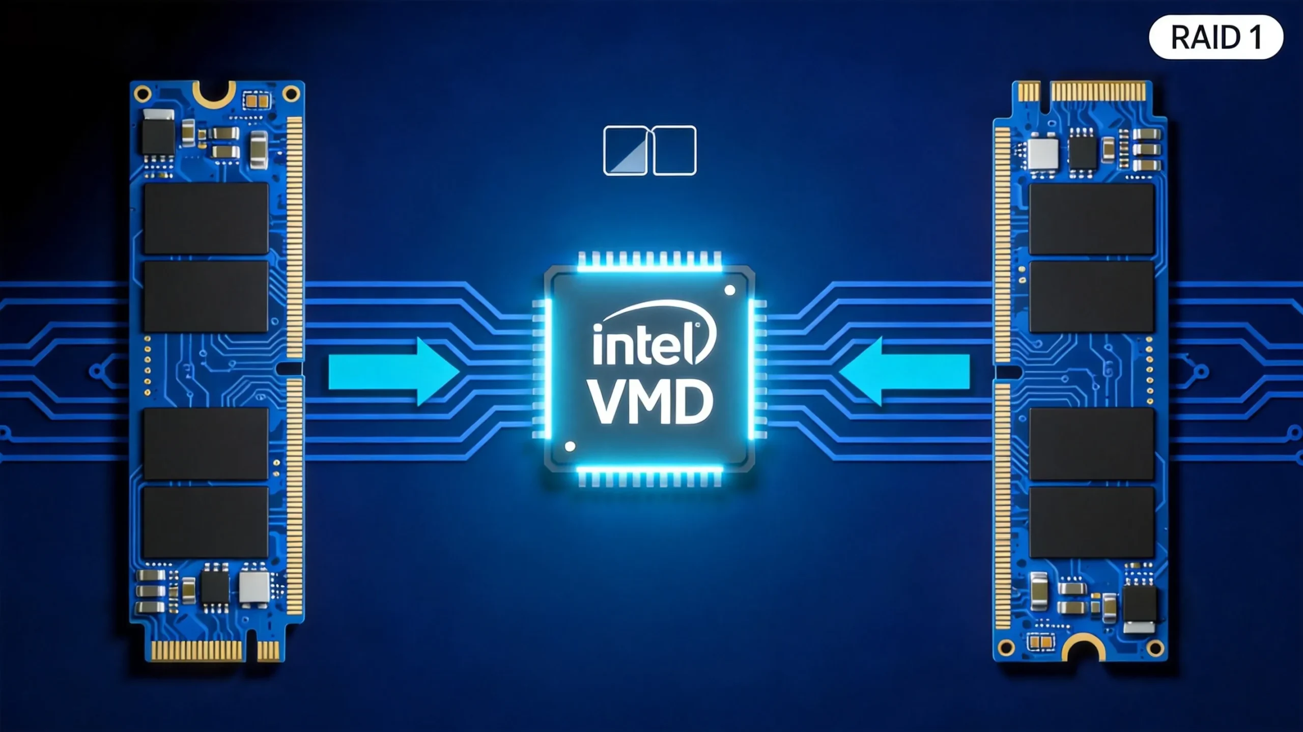 Two identical NVMe SSDs mirrored around a glowing Intel VMD controller chip, illustrating a RAID 1 mirrored array setup with data-sync arrows and a mirror icon