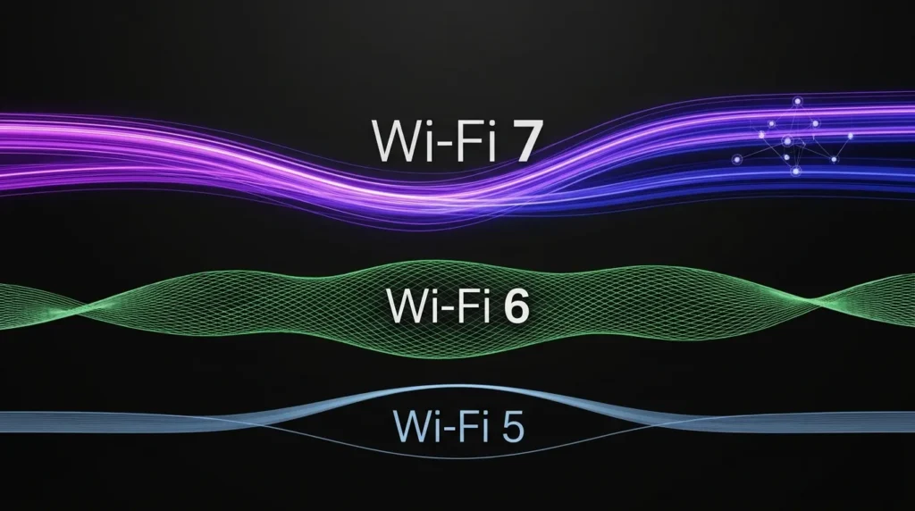 An abstract infographic comparing Wi-Fi generations 5, 6, and 7 against a dark background. From bottom to top, it shows a subtle blue wave for Wi-Fi 5, a complex green mesh matrix for Wi-Fi 6, and a powerful, dual-channel purple and blue light beam with abstract MLO data nodes for Wi-Fi 7.