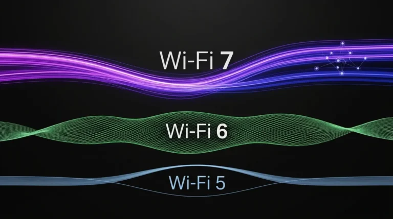 An abstract infographic comparing Wi-Fi generations 5, 6, and 7 against a dark background. From bottom to top, it shows a subtle blue wave for Wi-Fi 5, a complex green mesh matrix for Wi-Fi 6, and a powerful, dual-channel purple and blue light beam with abstract MLO data nodes for Wi-Fi 7.