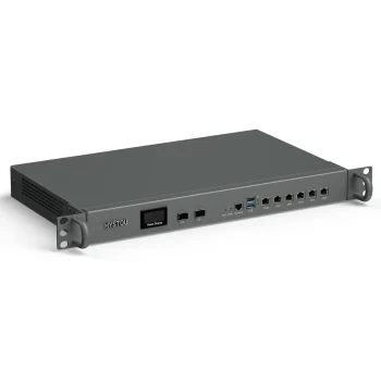 HYSTOU H1 1U rackmount firewall appliance front panel with status display, dual 10G SFP+ cages and six 2.5GbE RJ45 ports