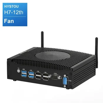 Hystou H7-12th fan-cooled industrial mini PC featuring dual Wi-Fi antennas and front I/O ports including USB 3.0, USB 2.0, COM1, COM2, and a power switch.