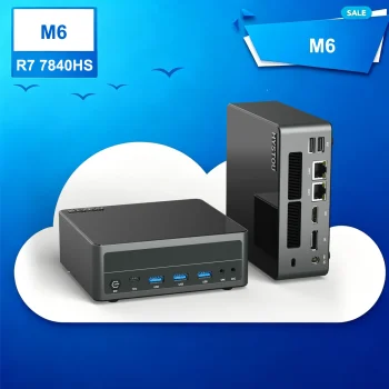 Flexible deployment options for the HYSTOU M6 Ryzen 7 7840HS Mini PC, displaying both flat and upright orientations suitable for diverse workspace integrations.
