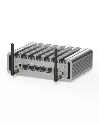 HYSTOU-P09B-6L fanless mini PC rear view showing 6x 2.5G LAN Ethernet ports and dual WiFi antennas