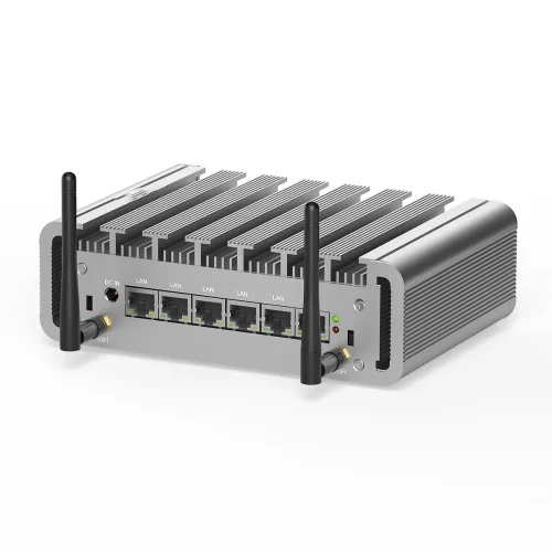 HYSTOU-P09B-6L fanless mini PC rear view showing 6x 2.5G LAN Ethernet ports and dual WiFi antennas