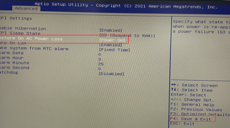 then set Restore on AC Power Loss to Power on